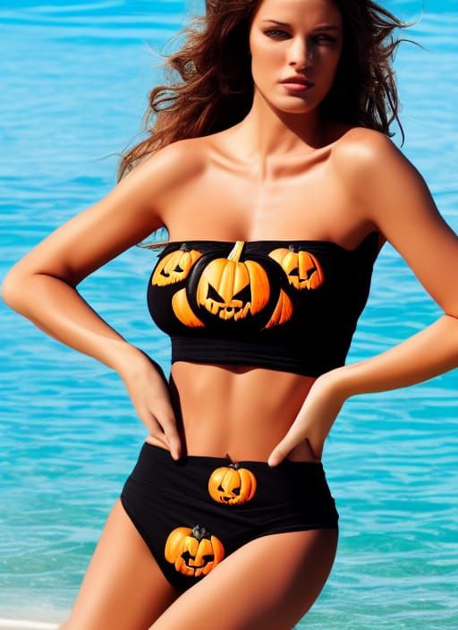 Supermodel in Halloween Pumpkin Swimwear