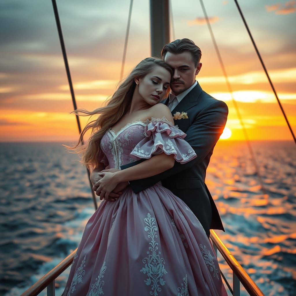 Romantic Ocean Liner Scene in Hyperrealistic Style