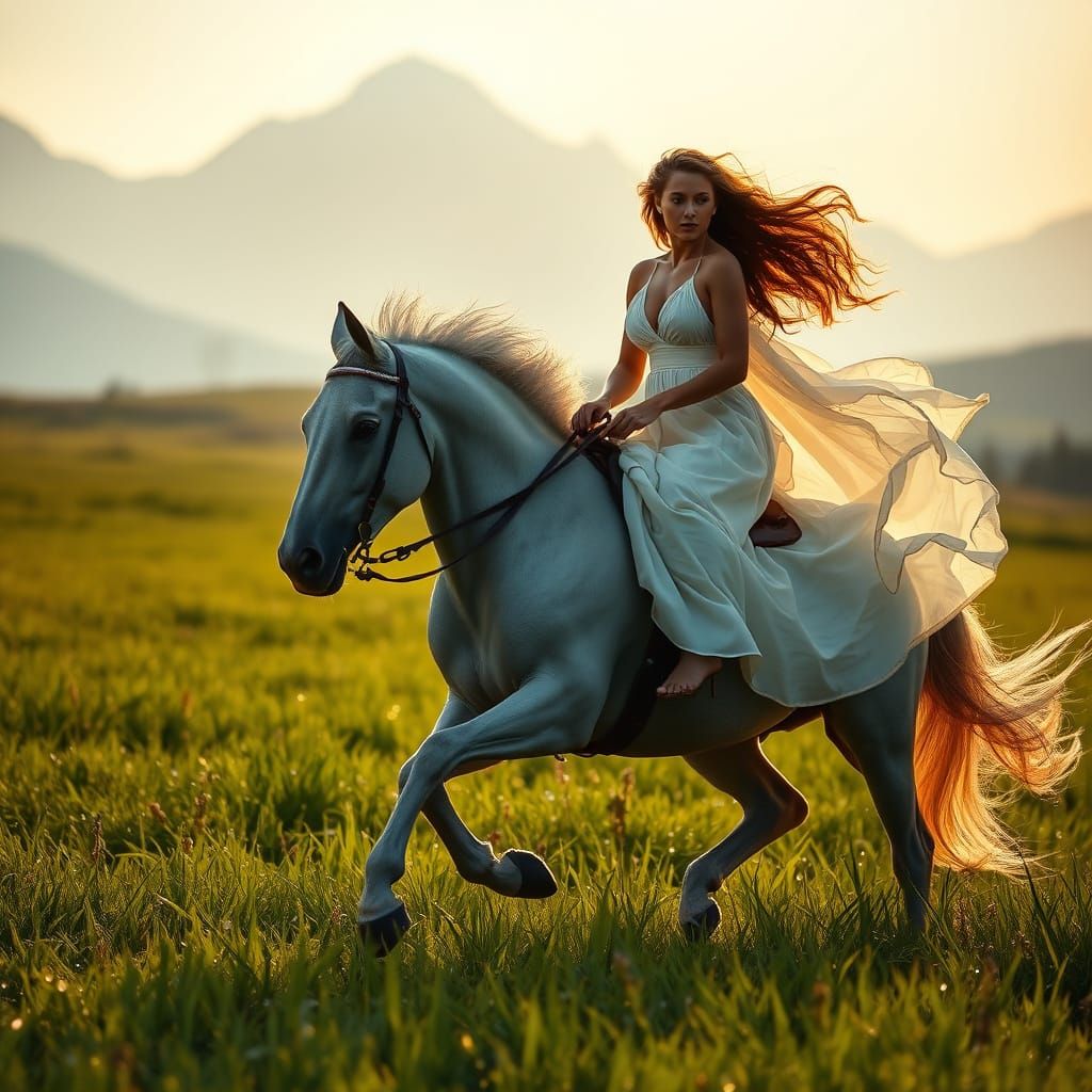 Fierce Amazon Woman Rides Horse in Lush Field