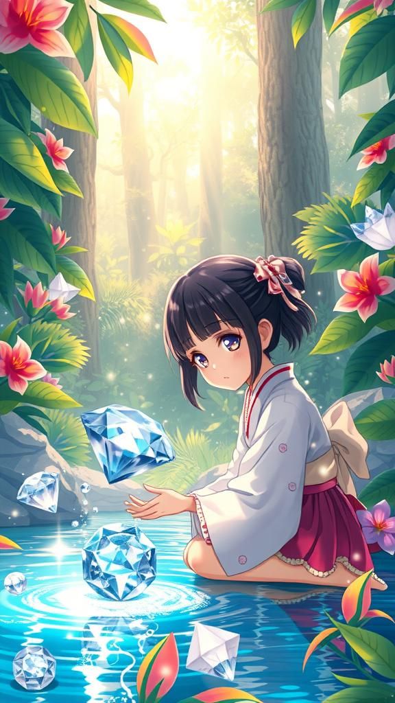 Anime Girl Sipping from Diamond Fountain