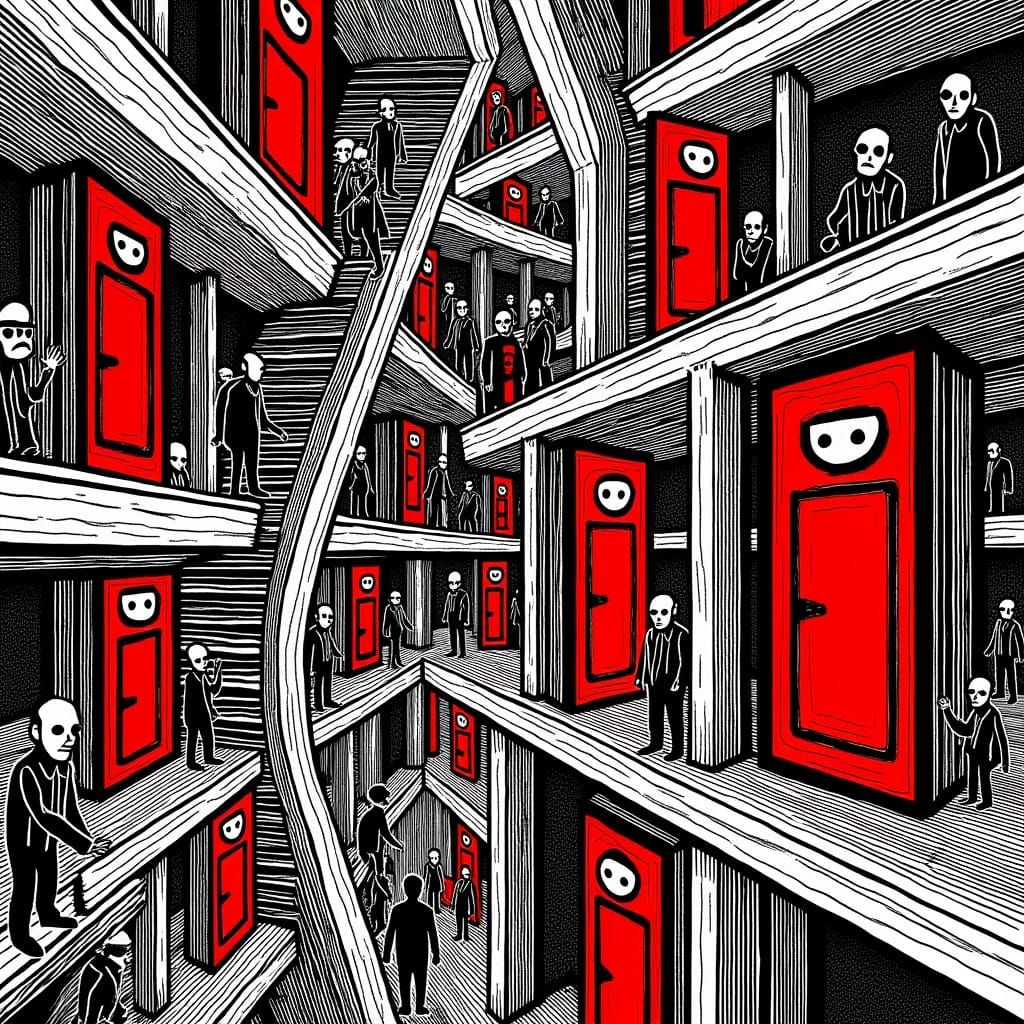 Escher-Inspired Maze of Brutalist Stairwells in Op Art