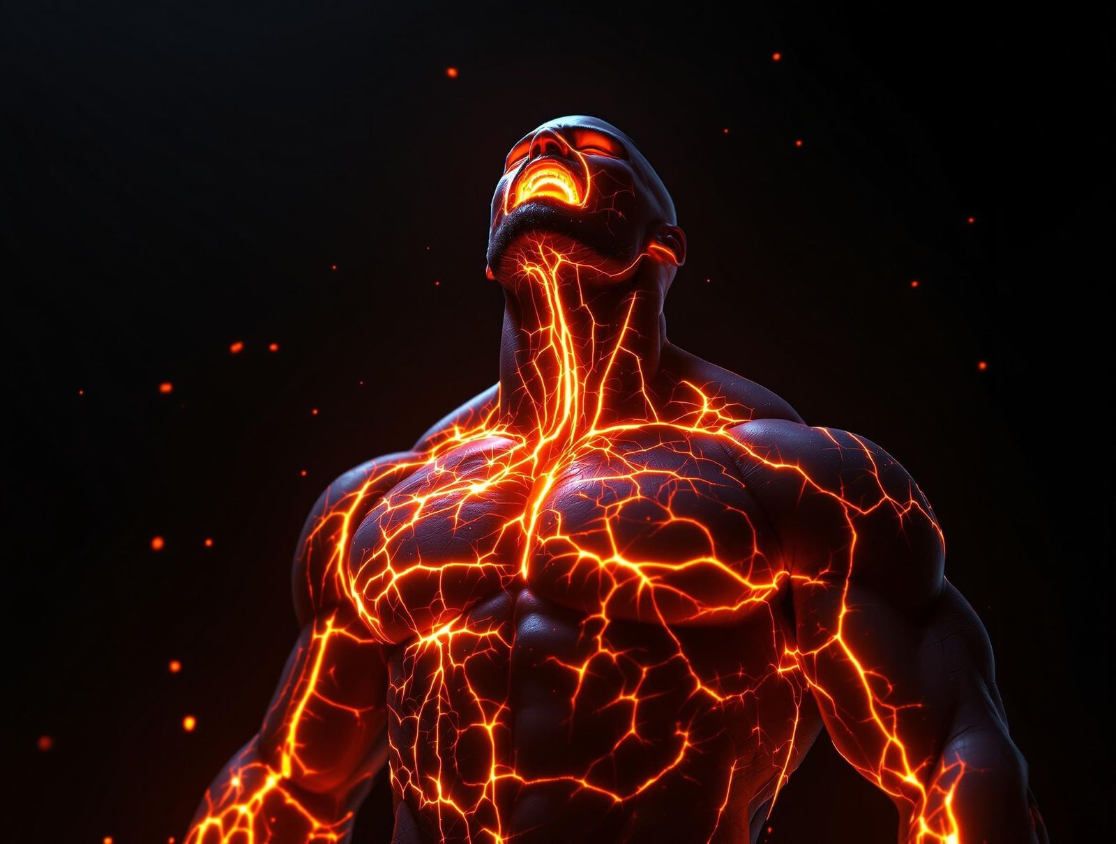 Powerful Man Swallows Molten Sword in Dark, Surreal Scene