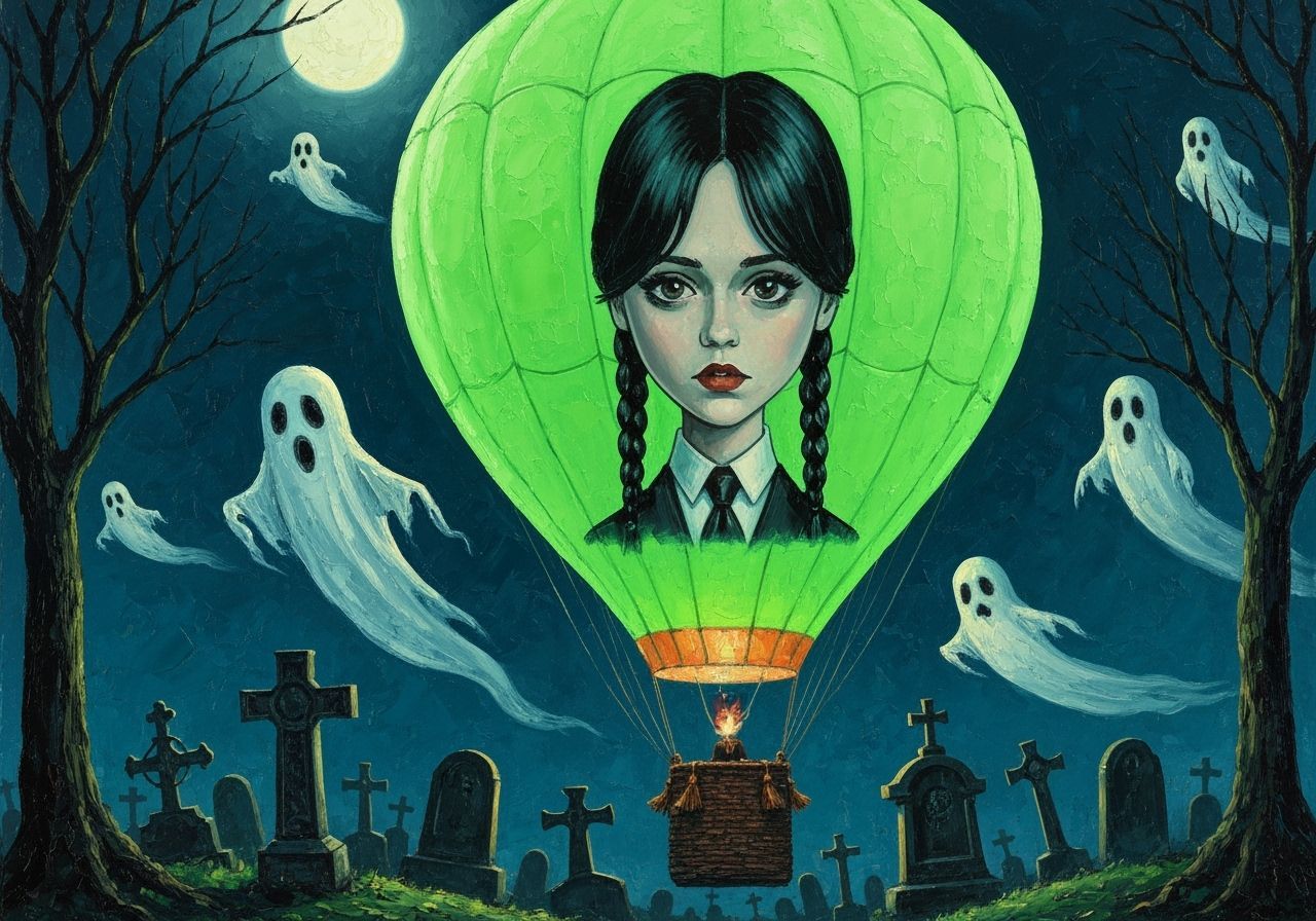 Wednesday Addams Hot Air Balloon Over Graveyard in Oil Paint