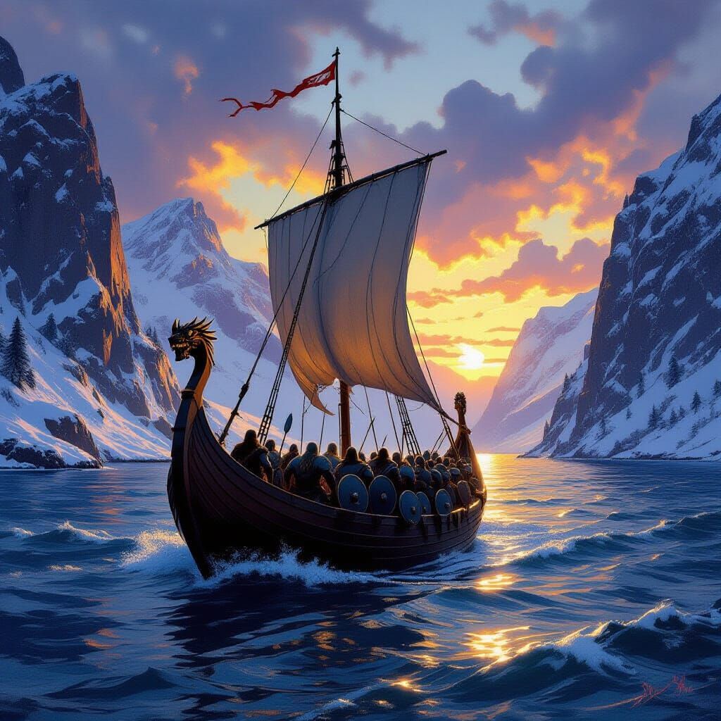 A longship sailing through a fjord at sunset, its dragon head prow cutting through the choppy water. The ship is filled ...