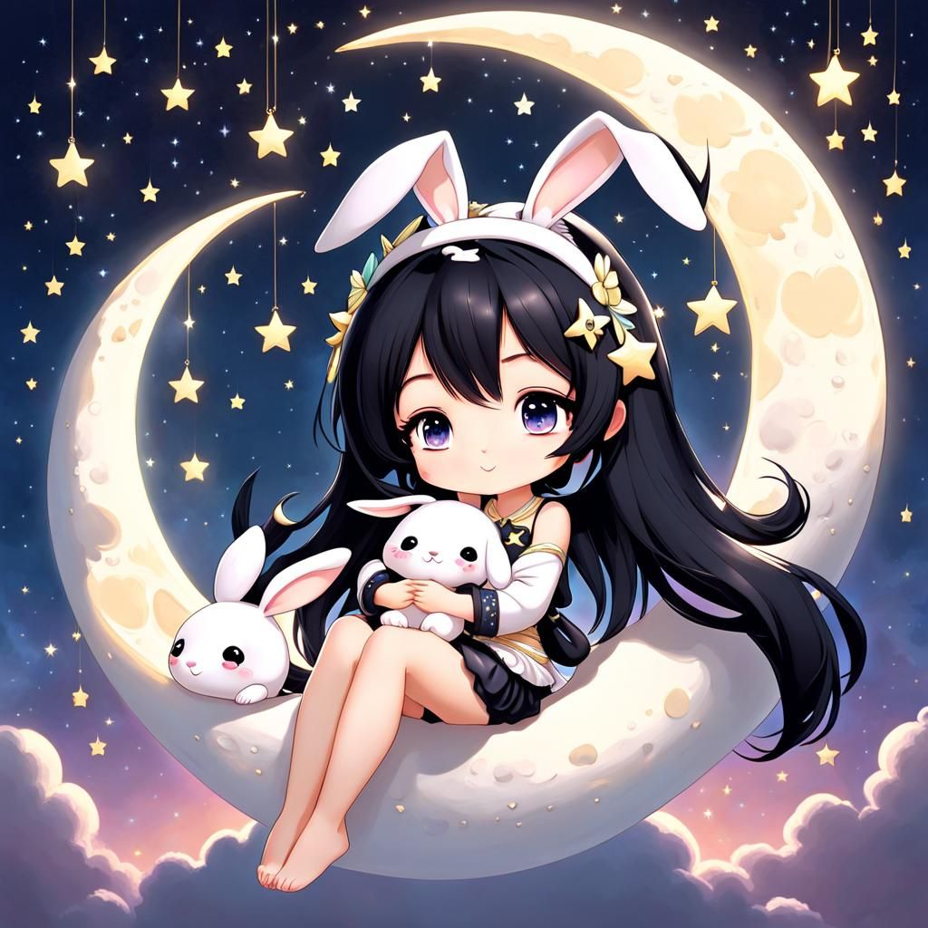 Chibi Girl with Bunny Ears on Crescent Moon