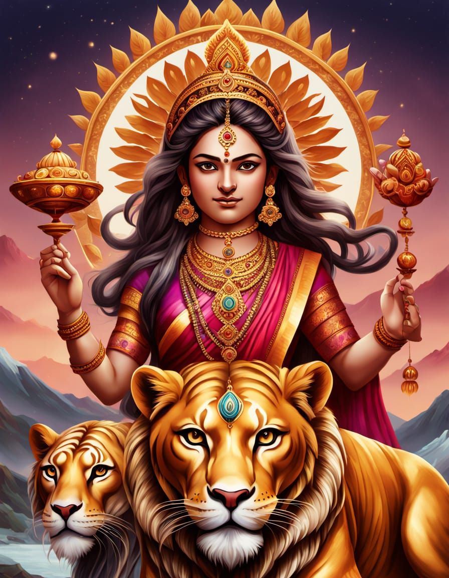 Majestic Goddess Durga in Traditional Indian Art