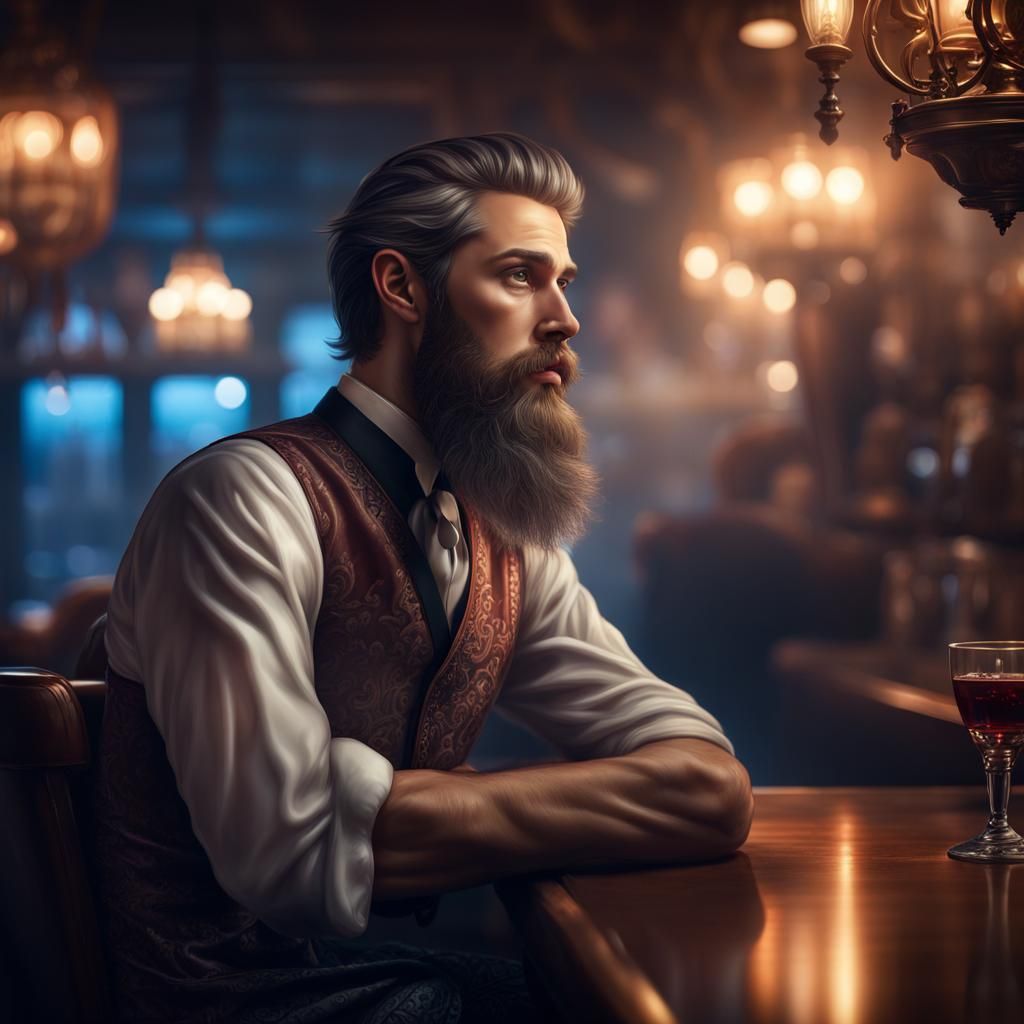 Hyperrealistic Bearded Man in Princess Dress at Bar