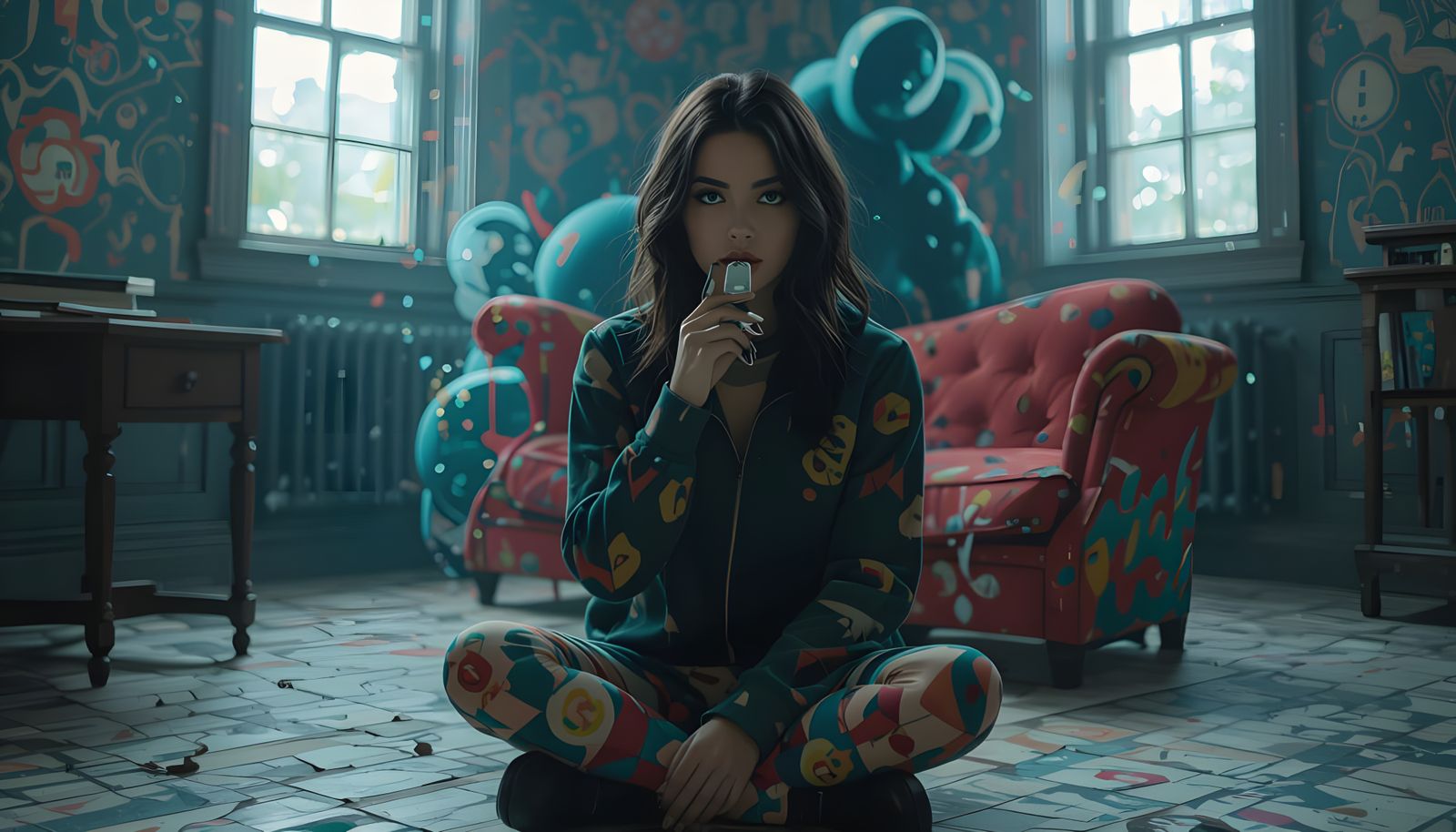 Person Surrounded by Abstract Shapes in Digital Art Style