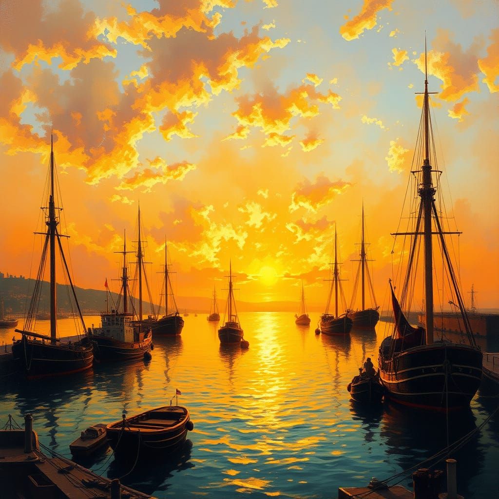 Sunset Harbor Scene in Turner Style