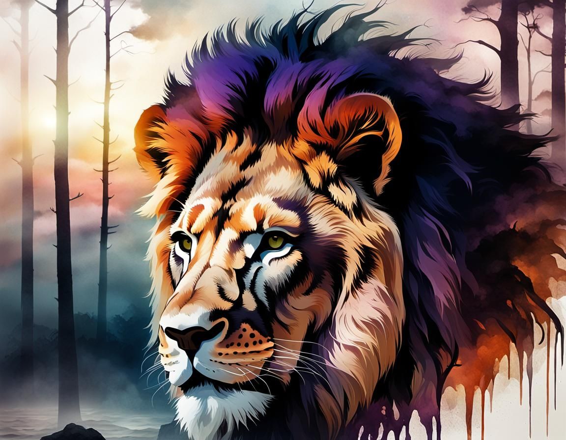 Lion Silhouette Double Exposure: Sunset Beach Landscape