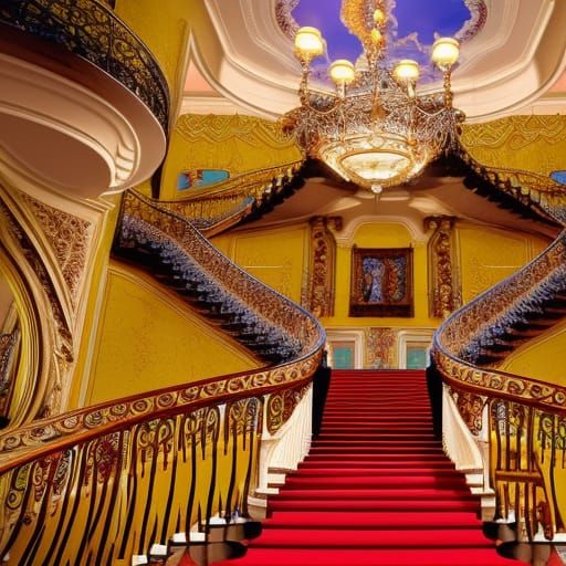 Elaborate Winding Staircase in Royal Mansion, 8K