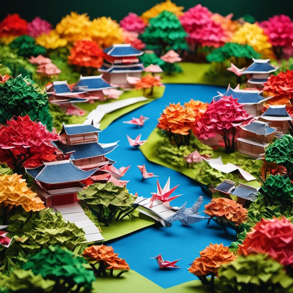 Origami Japanese Town with Garden, Intricate 3D Art
