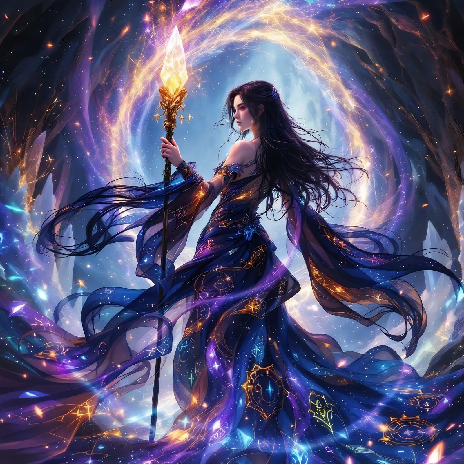 Crystal-Punk Mage with Glowing Runes in Crystal Cave