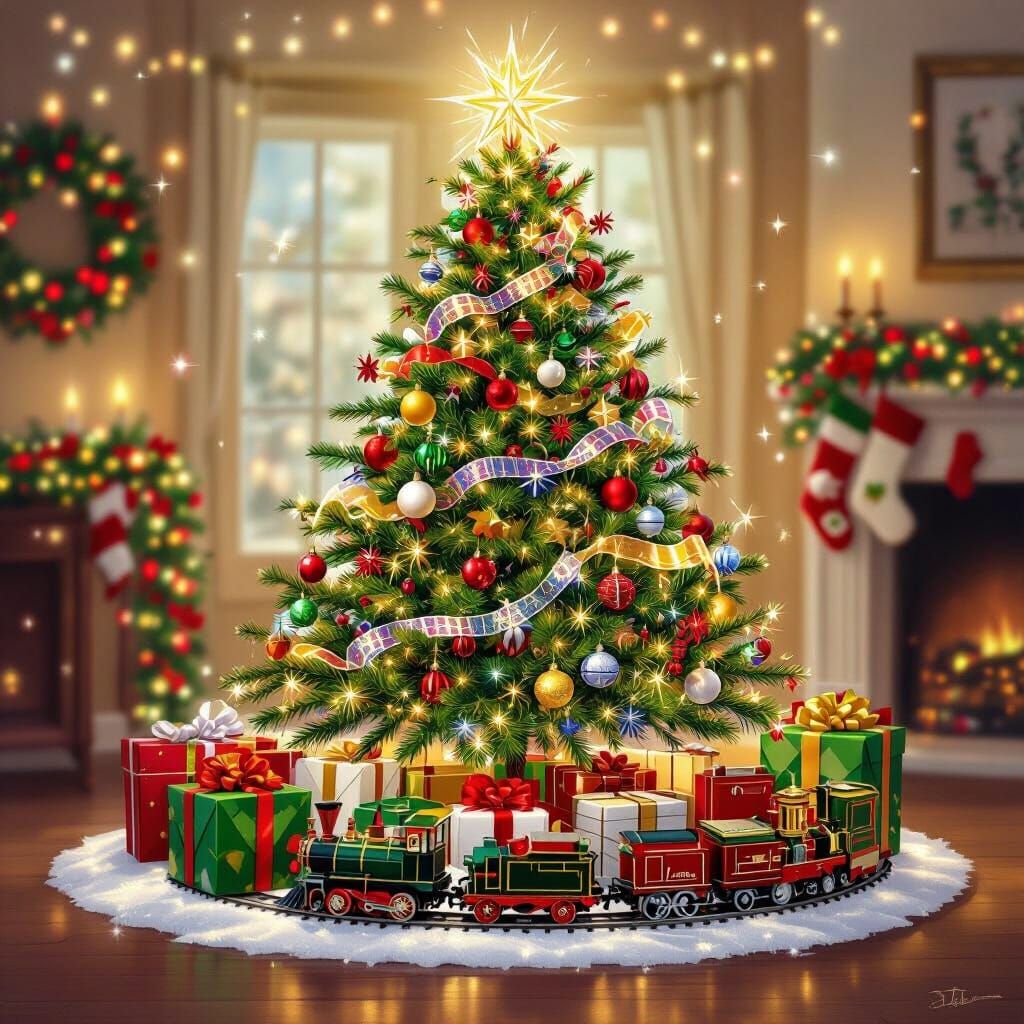 Festive Christmas Tree With Presents and Train