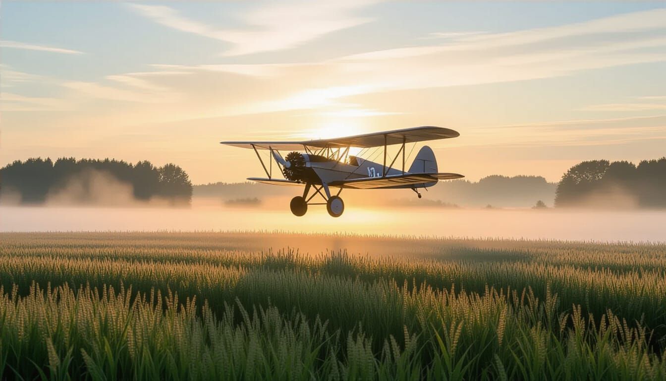 Biplane Over Misty Field at Dawn, Ashcan School