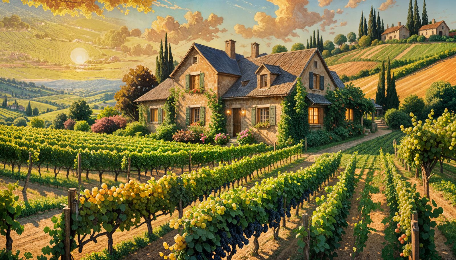 Impressionist Vineyard Landscape in Golden Hour