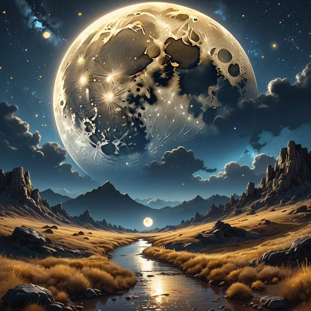 Cartoon Full Moon in Ethereal Fantasy Nightscape