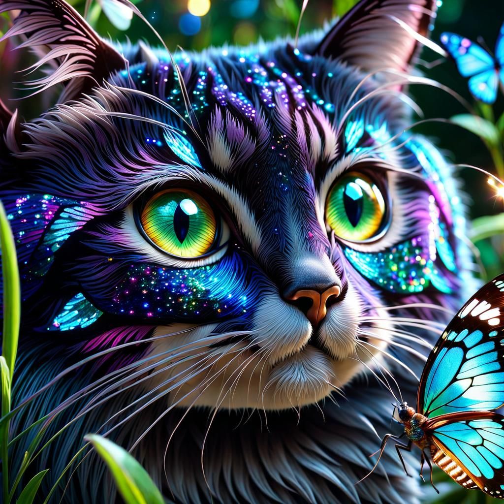 Iridescent Butterfly Boops Cat Nose in Enchanted Garden