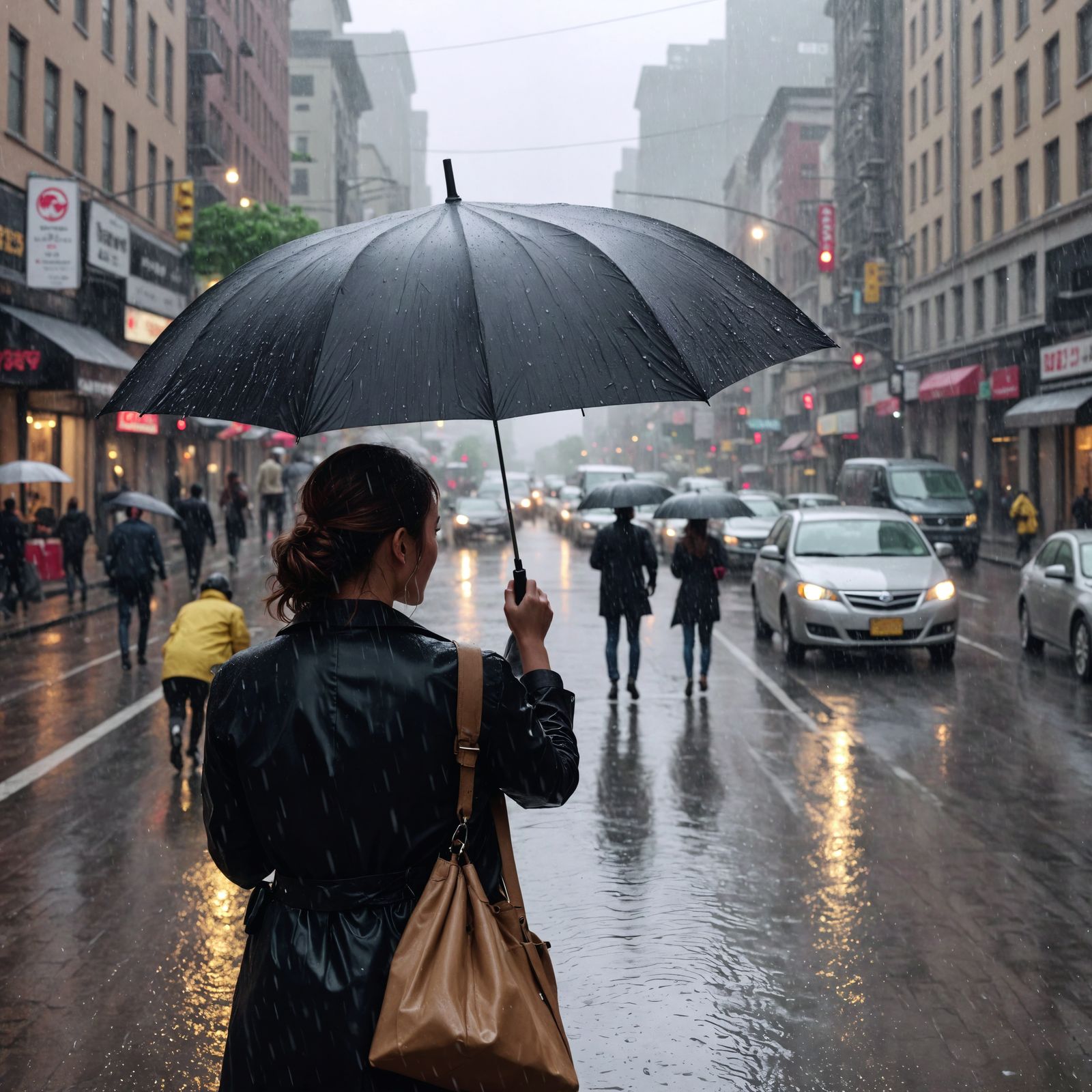 Woman Navigating Busy Downtown Street in torrential Rainfall