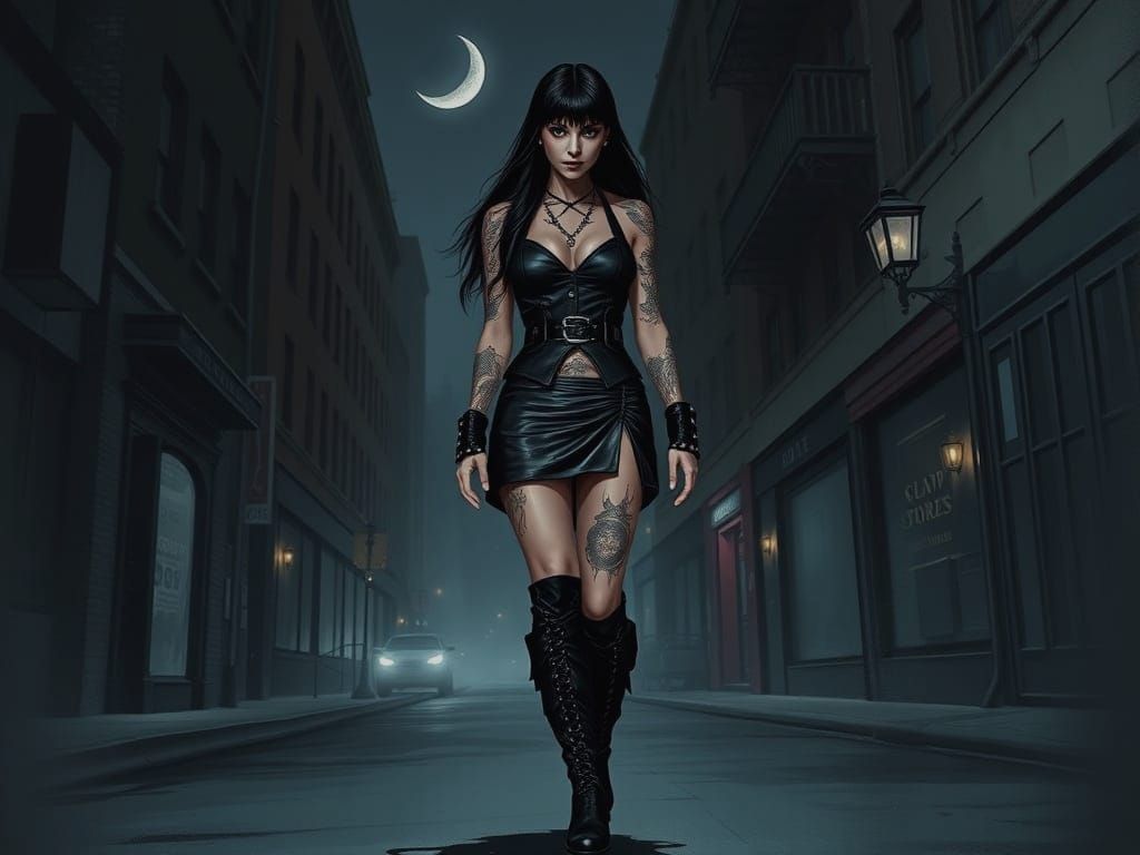 Sinister Goth Female in Leather on Dimly Lit Street