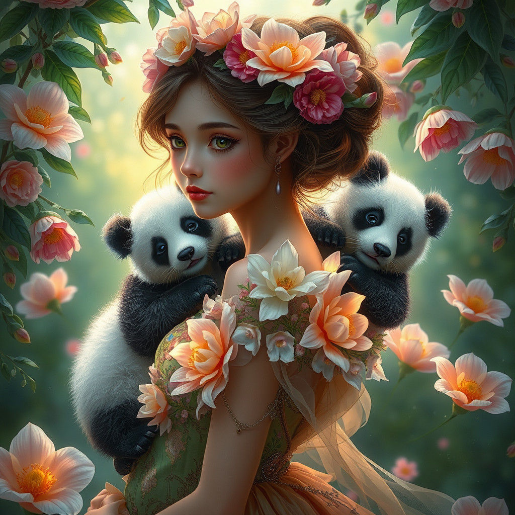 Fantasy Flower Girl with Pandas in Art Nouveau Style