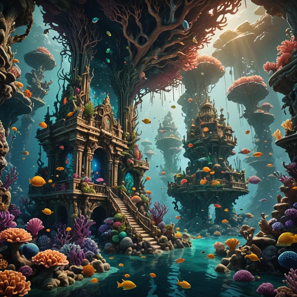Mermaids Swarm Around Undersea Coral Palace