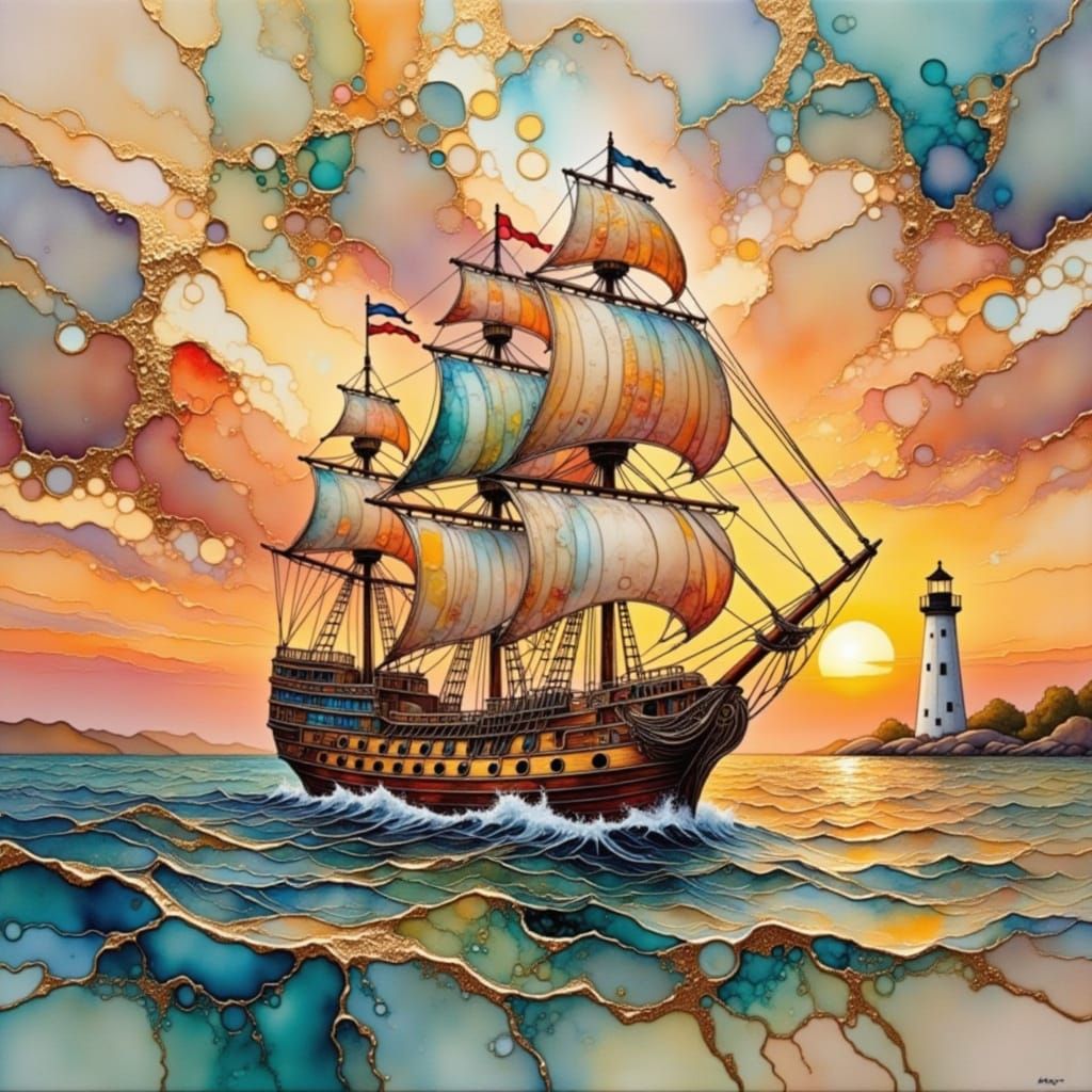 Galleon Ship by Lighthouse at Sunset, Alcohol Ink Art