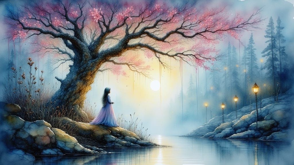 Ancient Bioluminescent Tree in Dreamy Watercolor Glade
