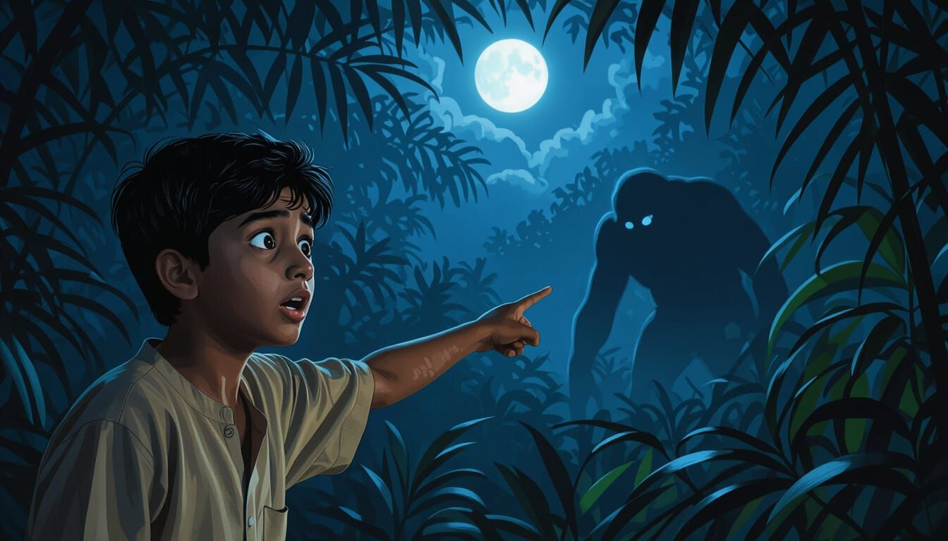 Teenage Boy Fears Jungle Movement in Eerie Night Scene