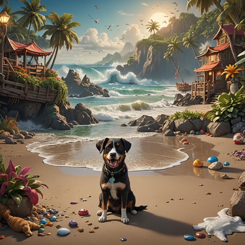 Happy Beach Dog and Cat: Detailed Fantasy Art
