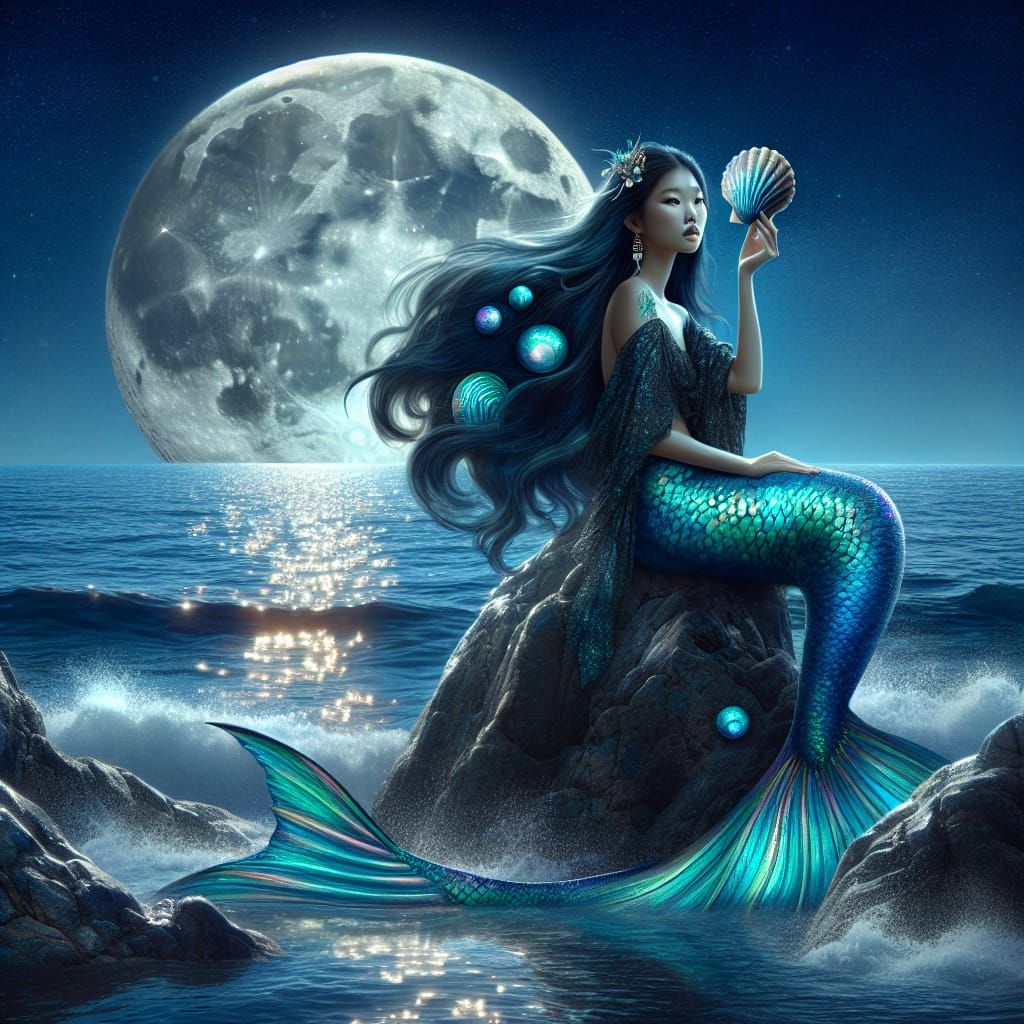 Iridescent Mermaid Combing Hair by Moonlit Ocean