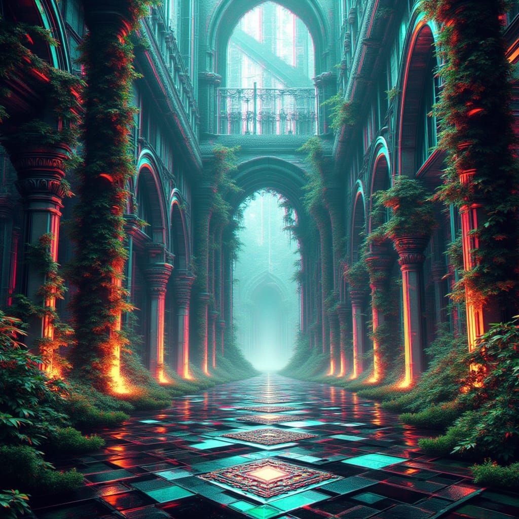 Glitching Prismatic Citadel Overgrown with Glowing Vines