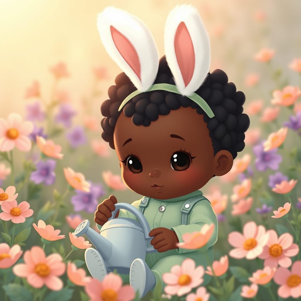 Whimsical Chibi Boy Plays in Vibrant Flower Garden