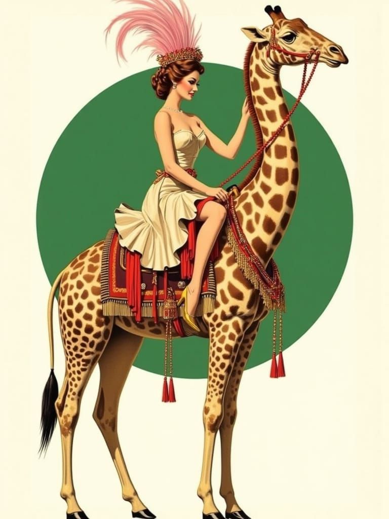 Glamorous Woman Rides Giraffe in Art Nouveau Style