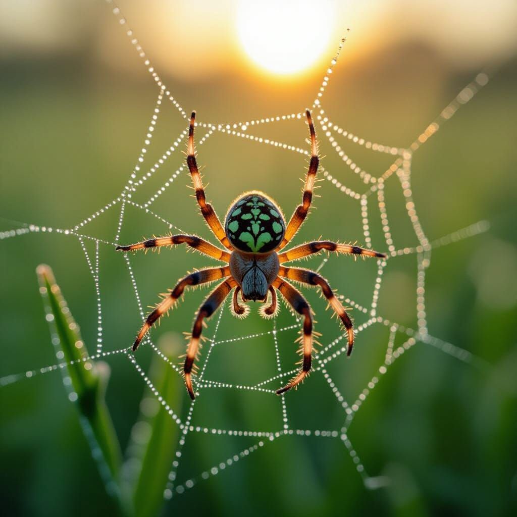 Dew-Covered Spider Web in Morning Light Macro Shot
