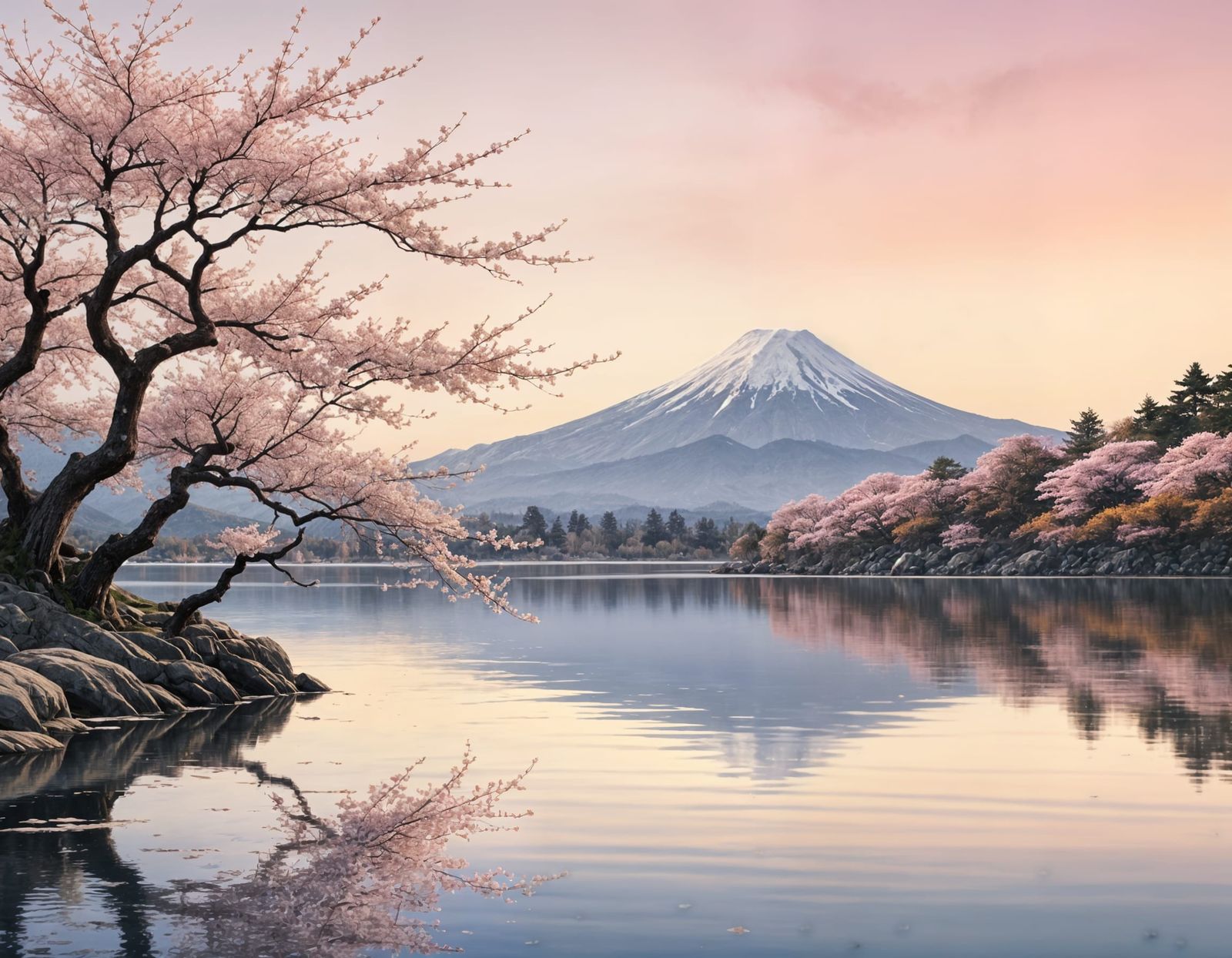 Cherry Blossom Tree Reflecting Mount Fuji at Sunset