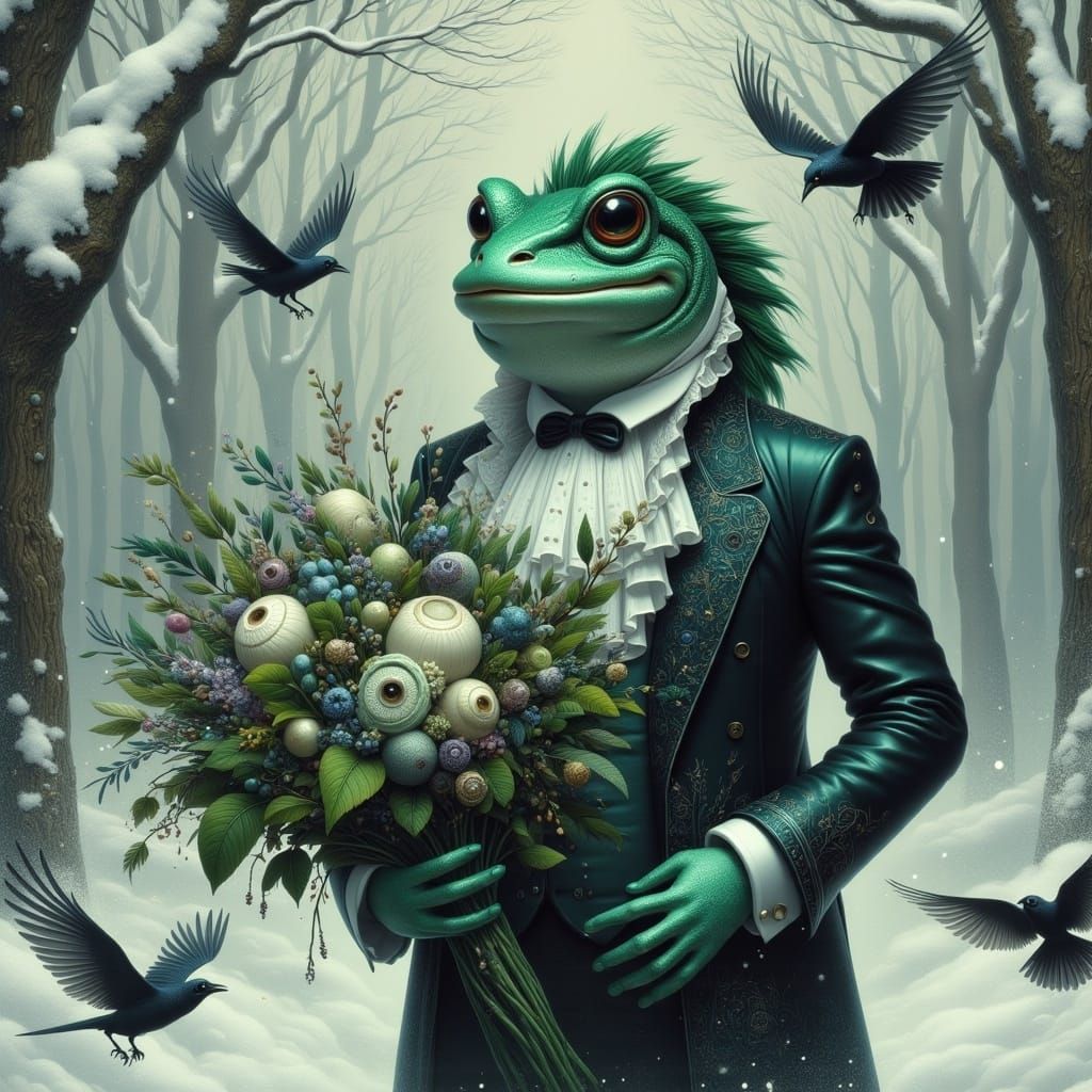 Ethereal Frog-Man in Winter Evening Attire
