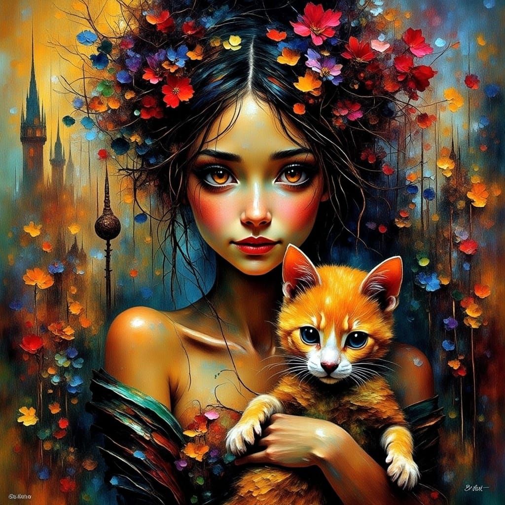 Cyberpunk Woman with Gold Cat Abstract Portrait