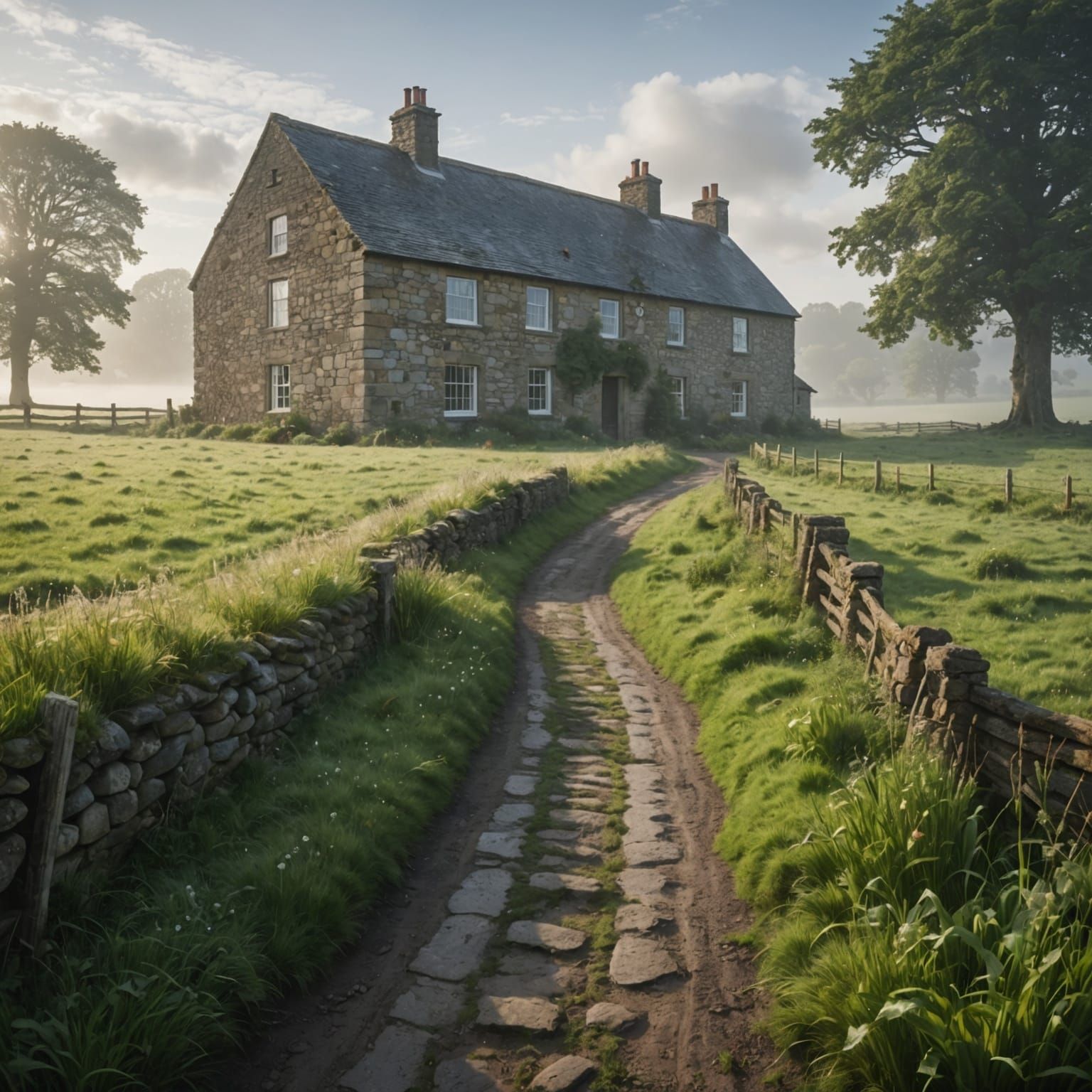 Misty Countryside Farmhouse Double Exposure