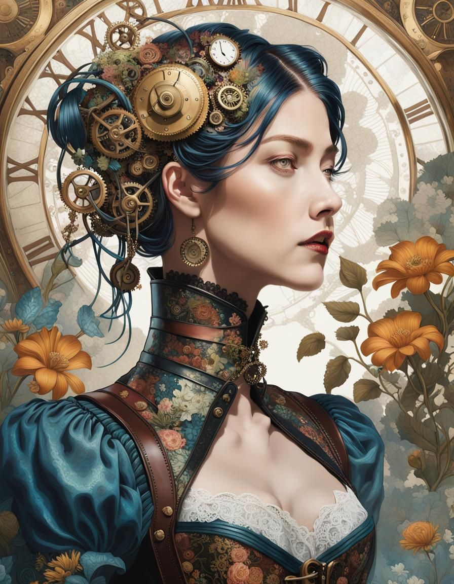 Steampunk Woman Portrait with Flowers and Clockwork