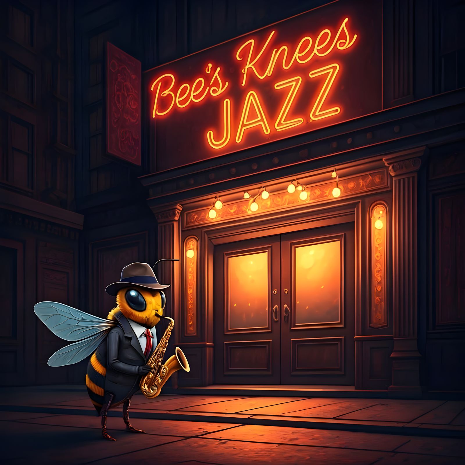 Whimsical Jazz Club Scene with Curious Bee