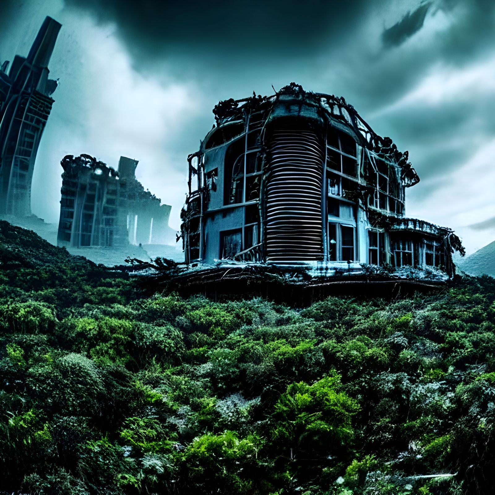 Haunted Alien Seascape with Overgrown Structures