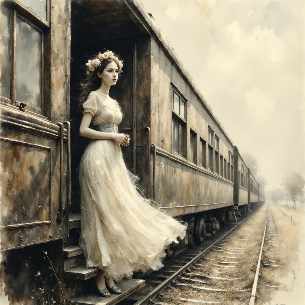 Surreal Woman Departs Train in Pencil and Charcoal Drawing