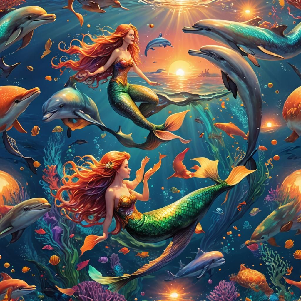Vibrant Mermaid Riding Dolphin in Deep Ocean