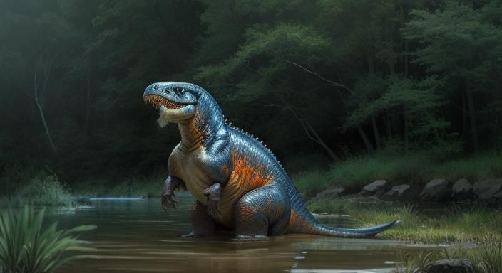 Tyrannosaurus Rex at Watering Hole in Digital Art Style