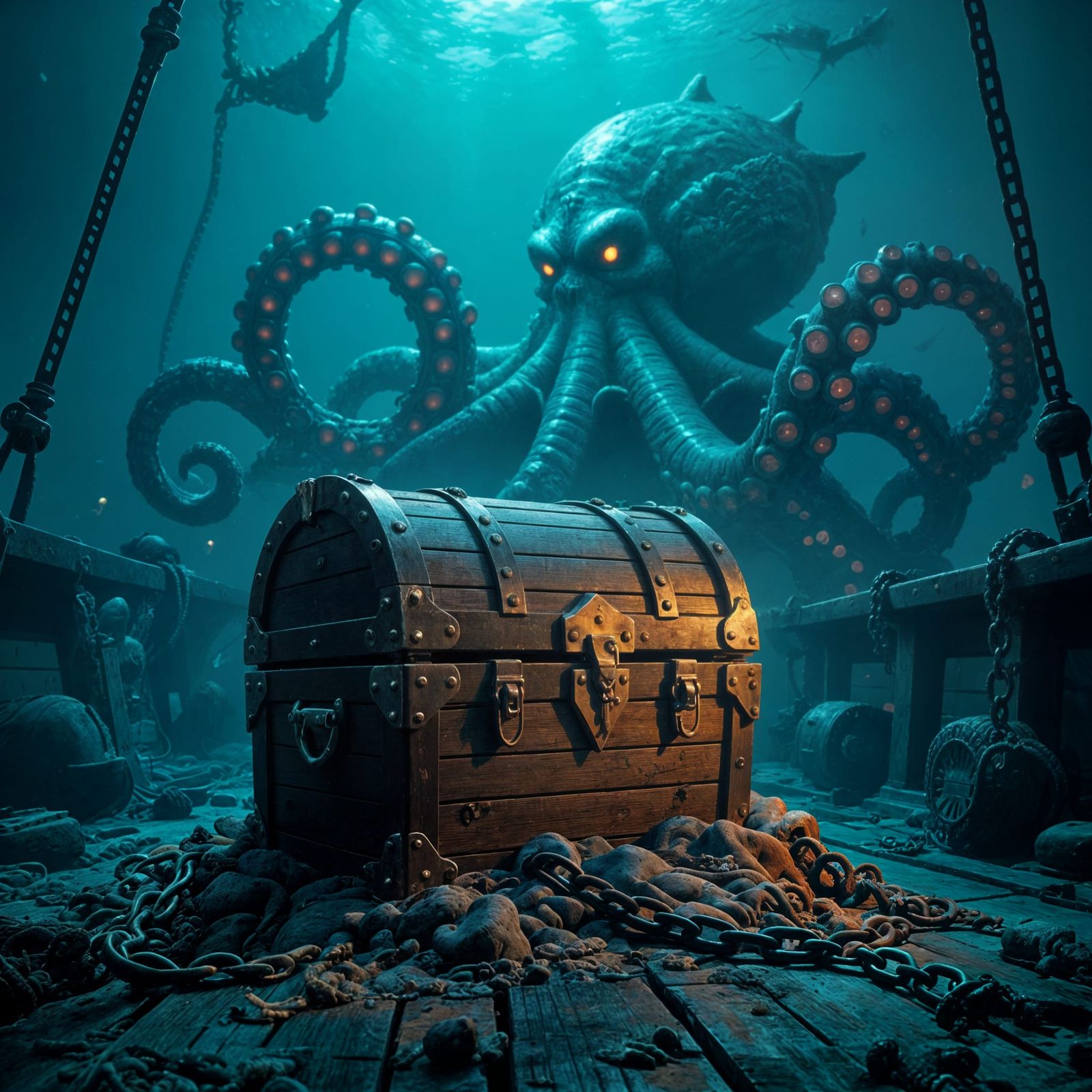 Goliath Kraken Guarding Treasure Chest in Shipwreck