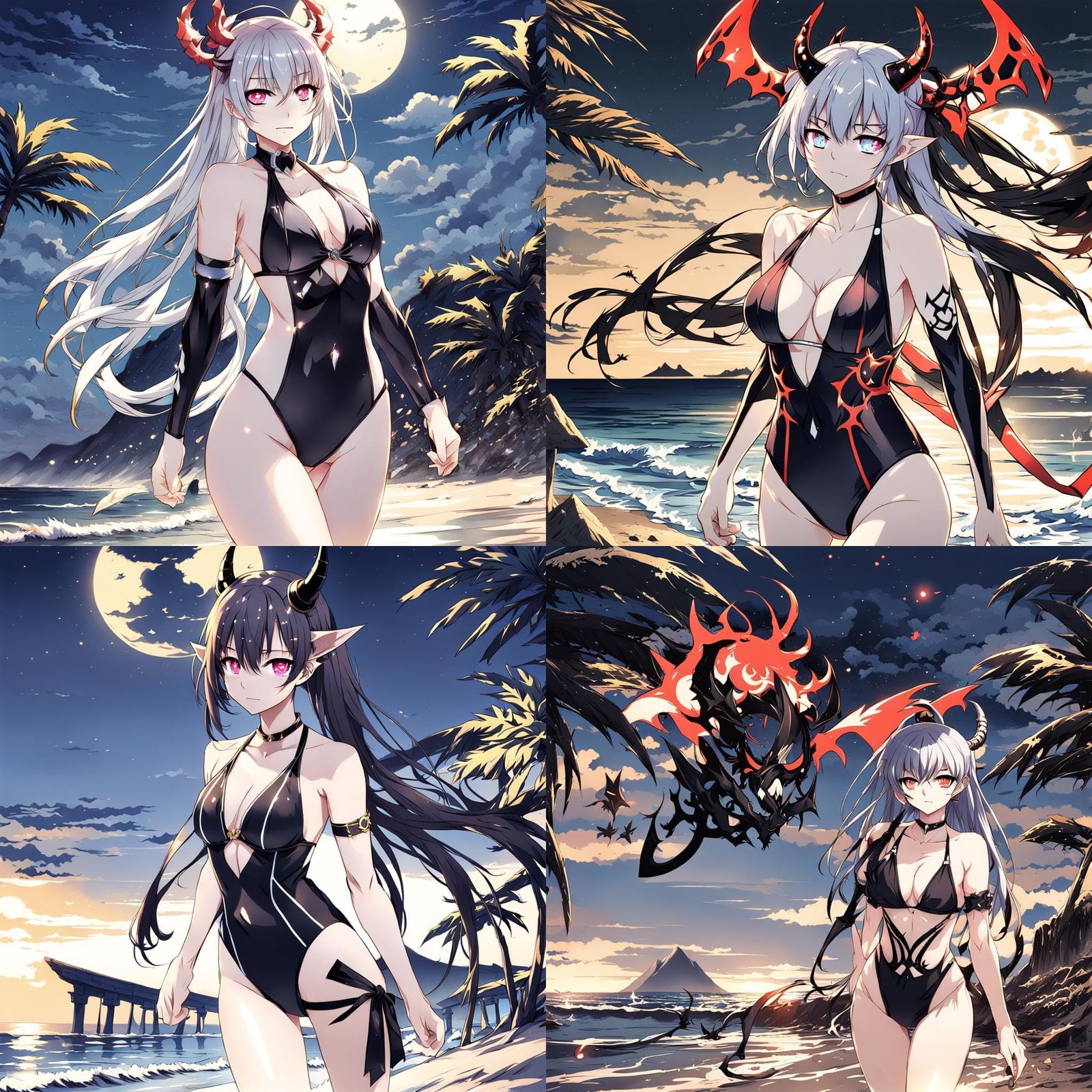 Anime Demon Girl in Swimsuit at Night