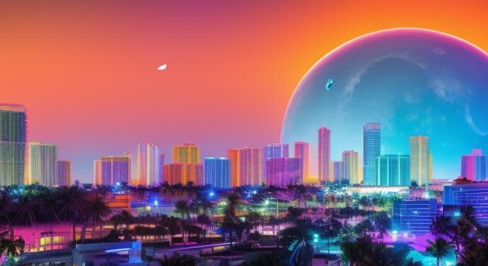 Futuristic Miami Nightscape with Neon and Spaceships