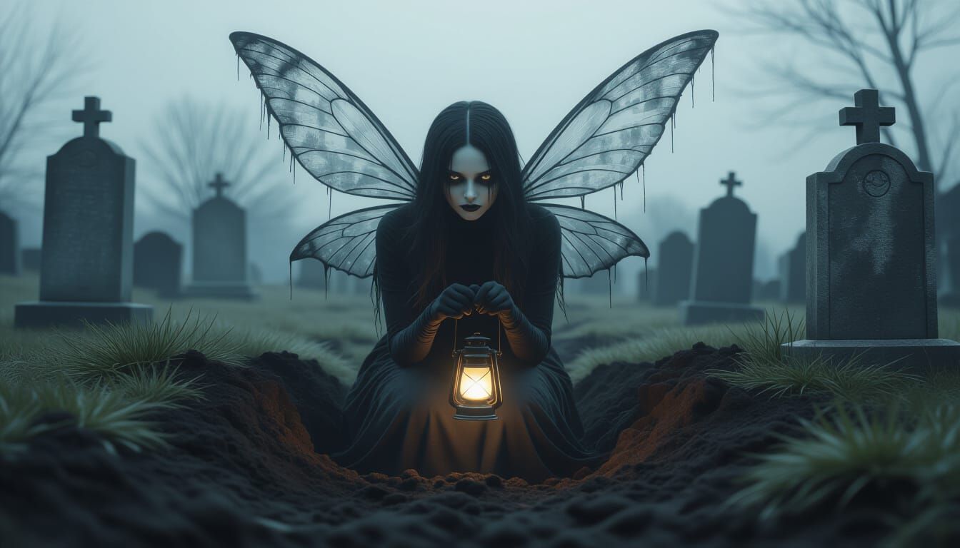 Mortician Fairy Emerging from Grave in Photorealistic Style