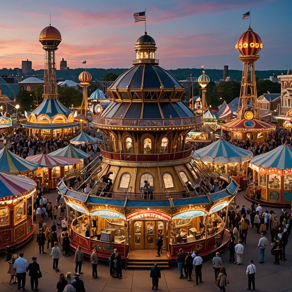 Victorian Space Carnival at Dusk in Steampunk Style